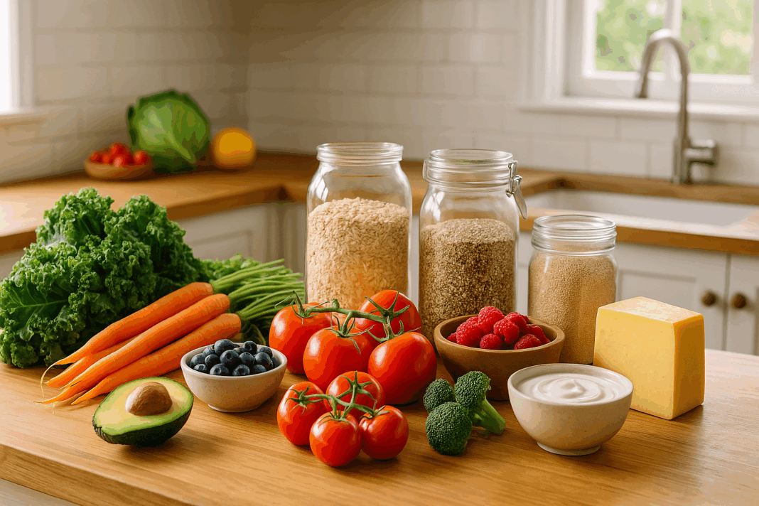 Fresh ingredients for a wholesome food diet, including kale, carrots, tomatoes, berries, grains in jars, and dairy on a wooden kitchen counter.