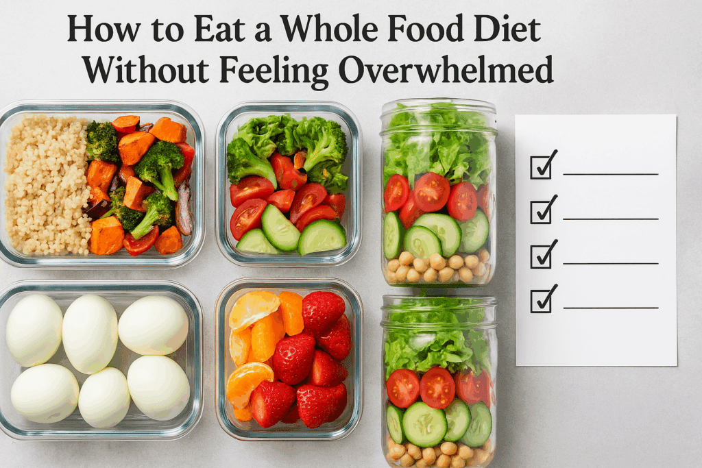 Smart Ways to Start a Wholesome Food Diet: Your Essential Whole Food List and Unprocessed Eating Guide 3 Meal prep layout with glass containers of wholesome food diet staples including quinoa and roasted vegetables, hard-boiled eggs, fruit, and salad jars on a light surface.