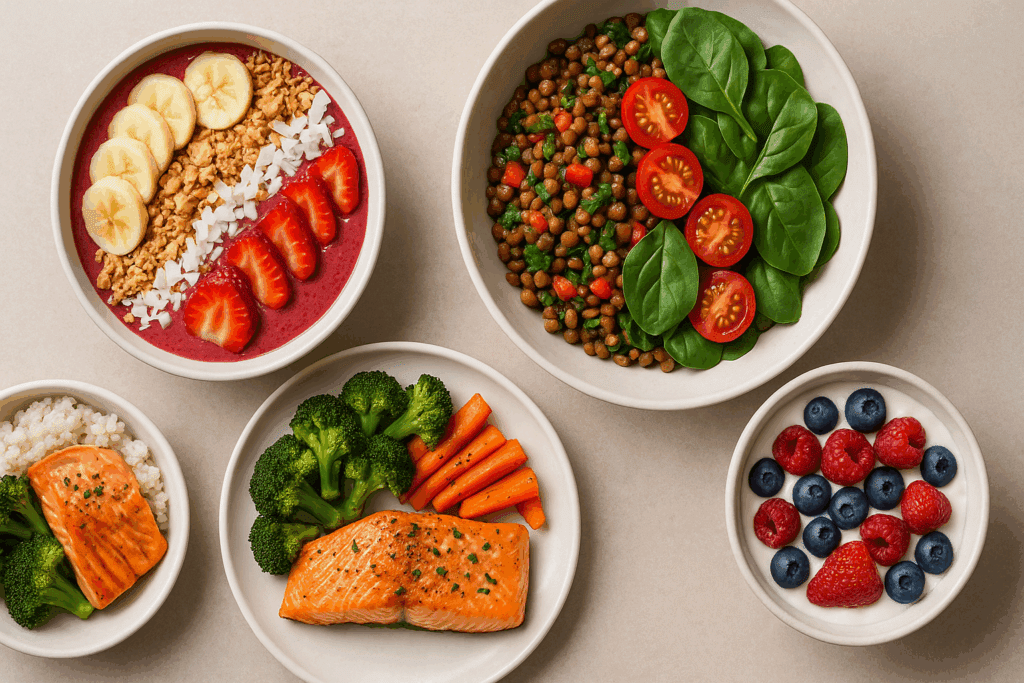 Smart Ways to Start a Wholesome Food Diet: Your Essential Whole Food List and Unprocessed Eating Guide 5 Wholesome food diet meal spread with smoothie bowl, lentil salad, baked salmon with vegetables, and yogurt topped with berries