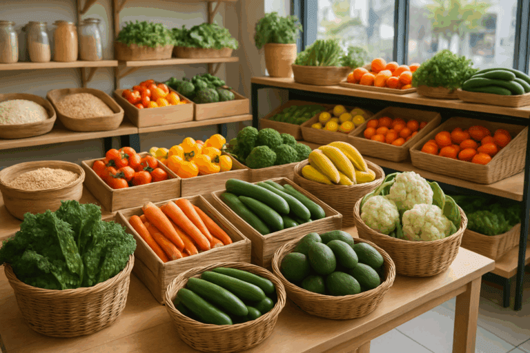 Bright grocery store produce section with leafy greens, grains, and vegetables arranged in baskets, reflecting a smart whole foods grocery list.