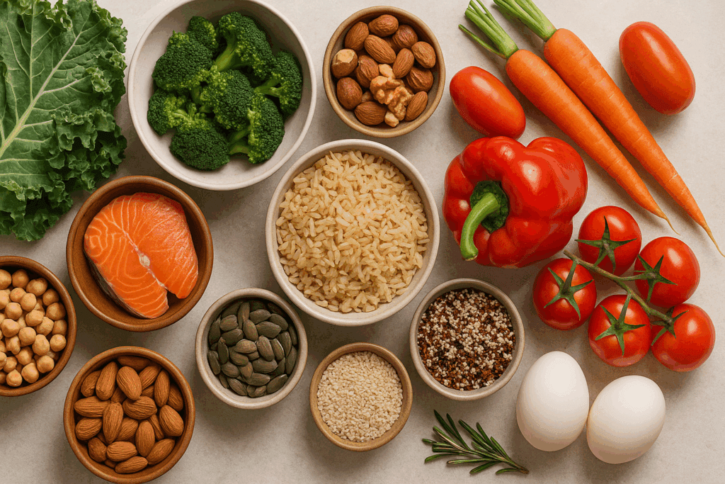 Top-down view of a smart whole foods grocery list featuring leafy greens, brown rice, quinoa, vegetables, nuts, seeds, legumes, eggs, and salmon on a kitchen counter.