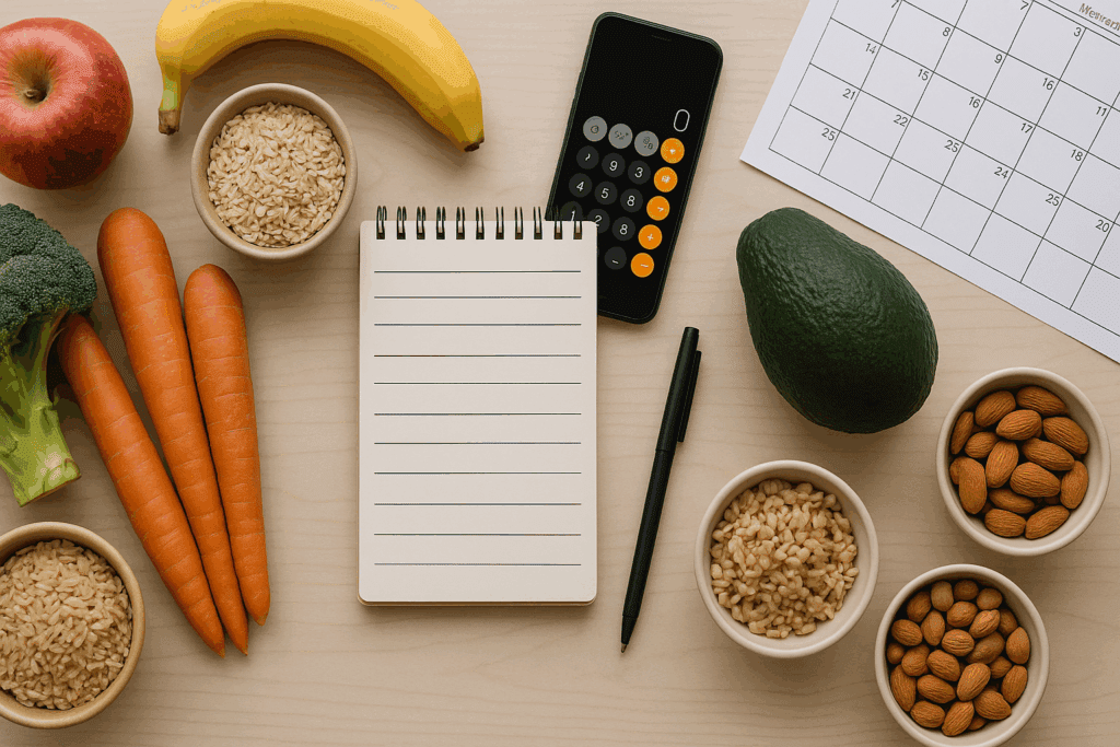 Notepad with a smart whole foods grocery list surrounded by fruits, vegetables, grains, nuts, and a phone calculator on a tidy table.