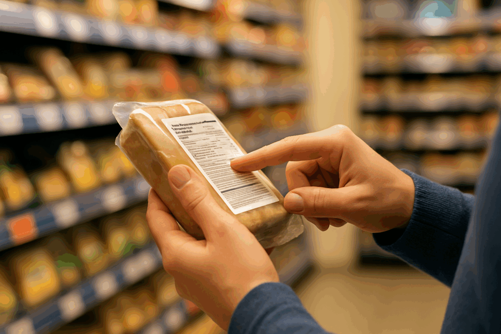 Shopper reading a nutrition label in a grocery store aisle, practicing a smart whole foods grocery list strategy.