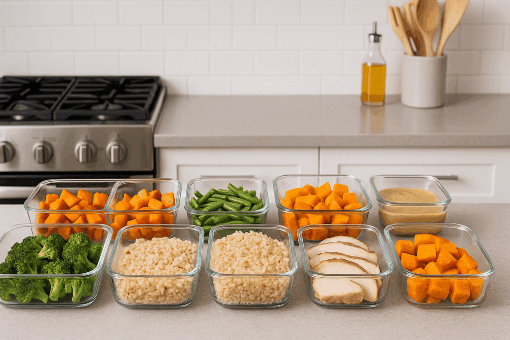 Glass containers with roasted veggies, grains, and proteins on a modern counter for a smart whole foods grocery list meal prep strategy