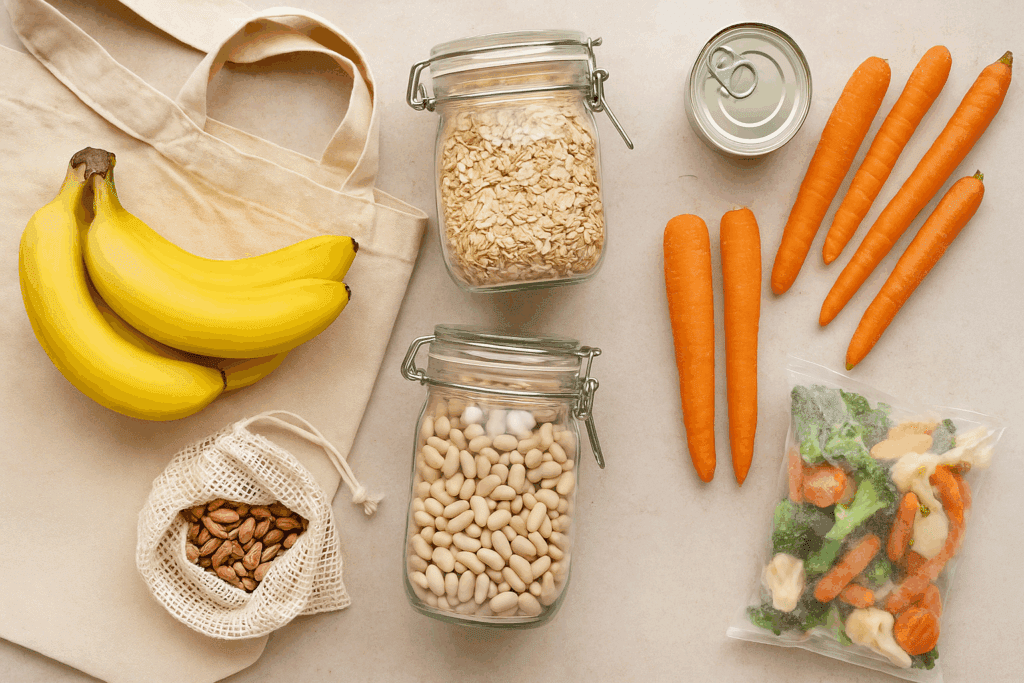 Flat lay of a smart whole foods grocery list with budget staples like bananas, oats, beans, carrots, canned fish, and frozen vegetables next to reusable bags and glass jars.