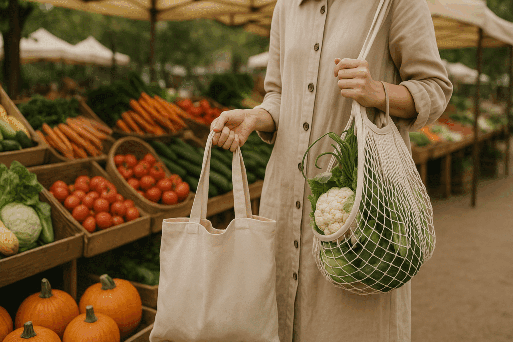 Shopper holding reusable bags at a farmers market selecting local produce for a smart whole foods grocery list