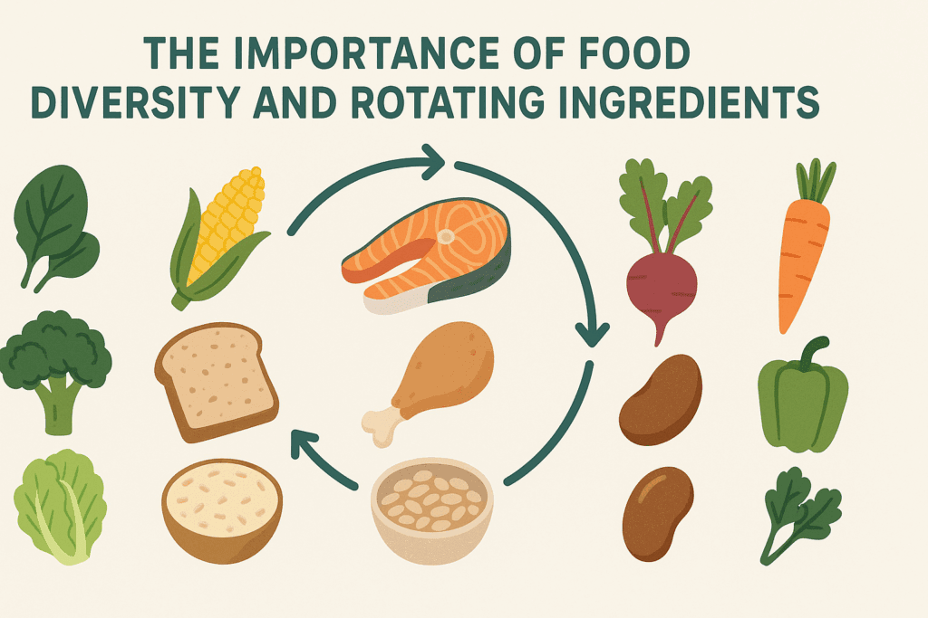 Smart whole foods grocery list visual showing weekly ingredient rotation with diverse vegetables, grains, and proteins in circular columns