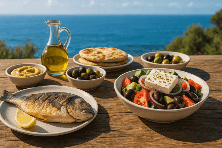 Healthy Mediterranean meal with grilled fish, Greek salad, olives, hummus, and olive oil on a rustic table overlooking the sea