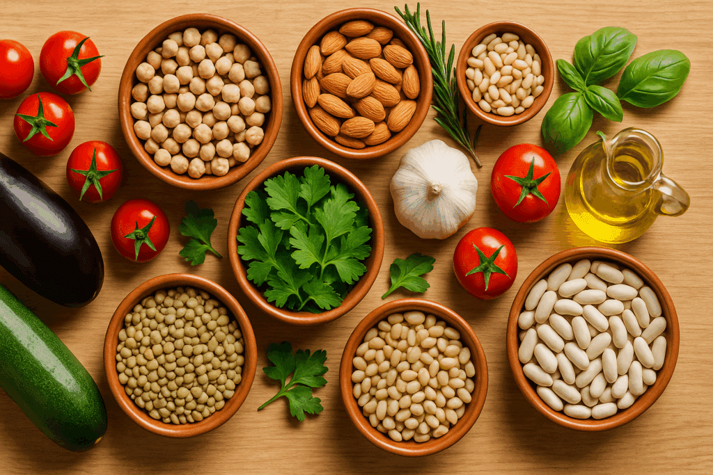 Flat-lay of ingredients for a healthy Mediterranean meal with fresh vegetables, legumes, nuts, herbs, and olive oil on wood surface.