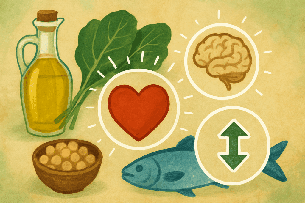 Heart, brain, and metabolism icons surrounded by olive oil, fish, legumes, and leafy greens representing a healthy Mediterranean meal