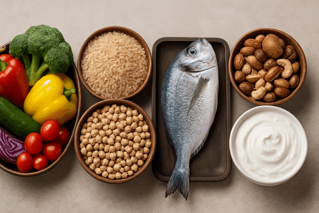 Colorful display of a healthy Mediterranean meal with fresh fish, chickpeas, brown rice, assorted vegetables, nuts, and yogurt in rustic bowls.