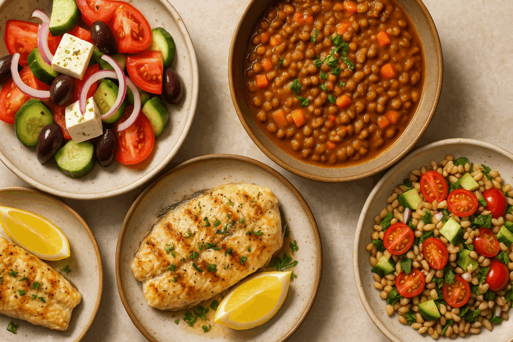 Grilled fish with lemon, Greek salad, lentil stew, and farro salad on rustic plates showcasing a healthy Mediterranean meal.