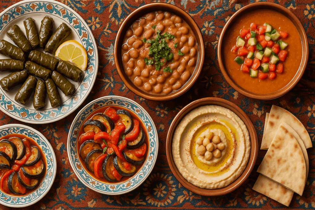 Top-down view of a healthy Mediterranean meal with stuffed grape leaves, ful medames, ratatouille, gazpacho, and hummus on traditional tableware.