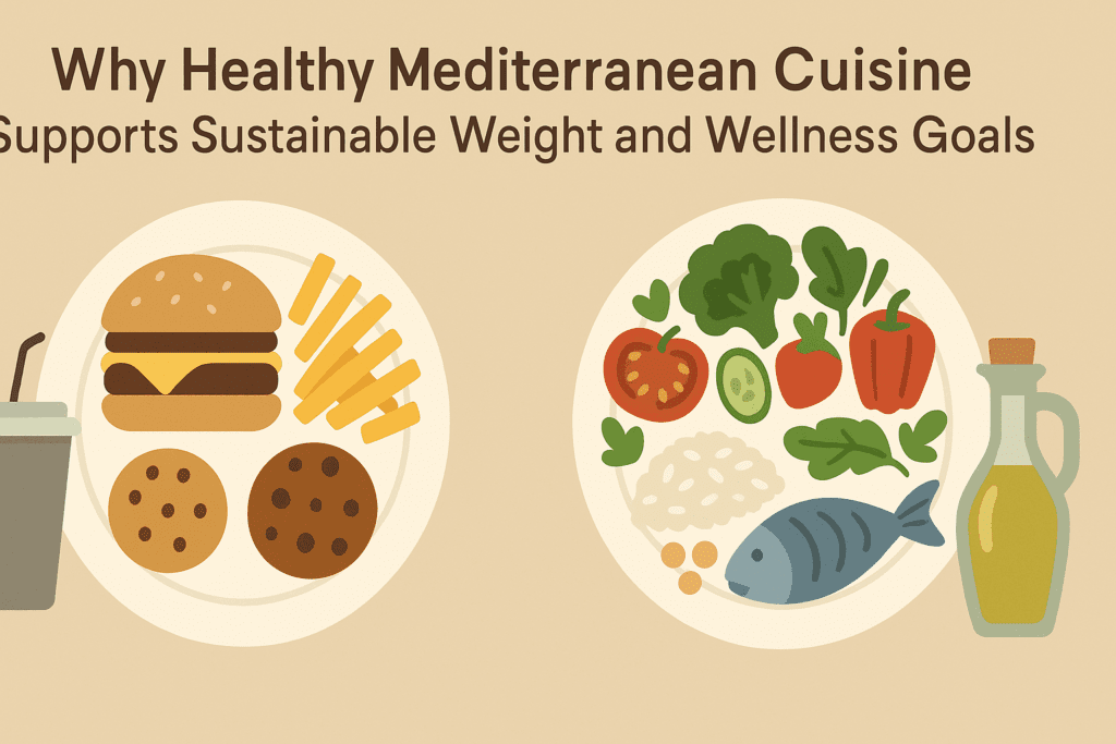Infographic contrasting a healthy Mediterranean meal with a Western fast food plate using icons of fish, vegetables, olive oil, and legumes vs. burger, fries, and cookies
