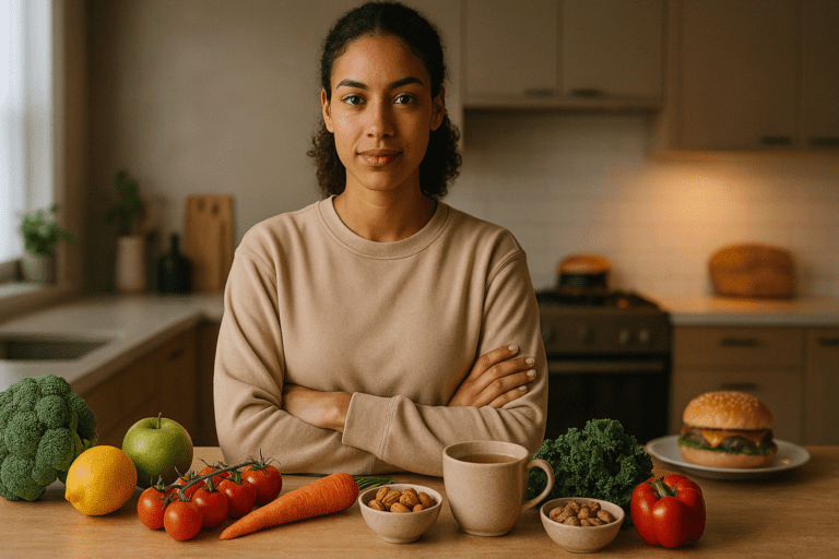 Confident woman at kitchen counter with whole foods like vegetables, nuts, and tea, highlighting healthy choices for what can I take to suppress my appetite.