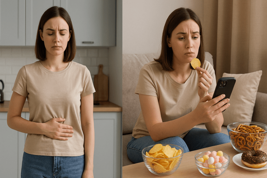Smart and Natural Appetite Suppressant Strategies: What Can I Take to Suppress My Appetite and Support a Healthier Lifestyle? 1 Side-by-side of a woman with physical hunger in a kitchen and the same woman emotionally snacking on sweets and chips, illustrating what can I take to suppress my appetite