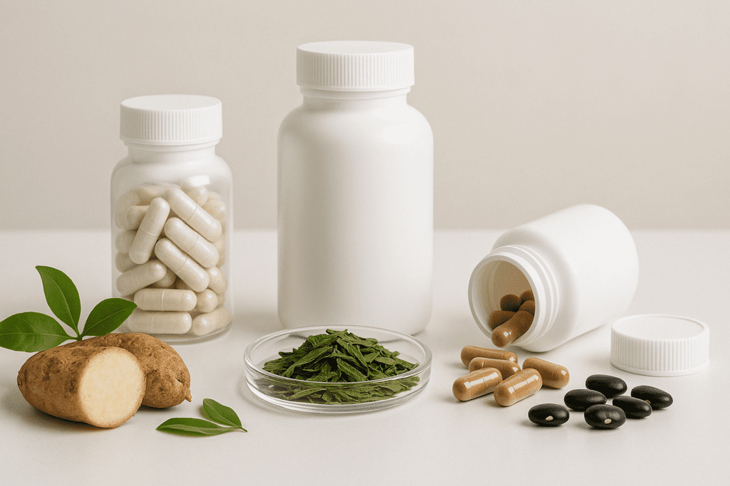 Smart and Natural Appetite Suppressant Strategies: What Can I Take to Suppress My Appetite and Support a Healthier Lifestyle? 5 Natural supplements like glucomannan, green tea extract, and 5-HTP shown with raw ingredients on a clean shelf—answering what can I take to suppress my appetite