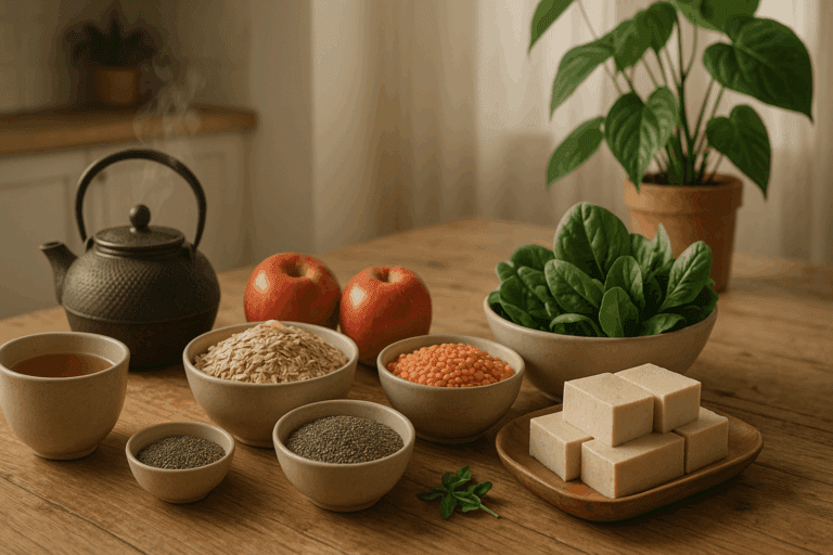 Wooden kitchen table with fiber-rich foods and herbal tea, illustrating natural ways to suppress appetite.