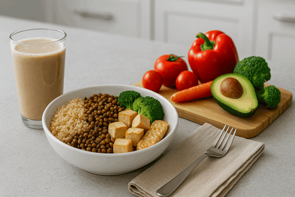High-protein vegetarian meal with quinoa, lentils, tofu, tempeh, and a plant-based smoothie—perfect for natural ways to suppress appetite.