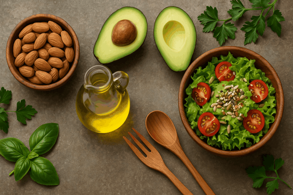 Rustic countertop with avocado, almonds, olive oil, and salad topped with seeds—healthy foods showing natural ways to suppress appetite.