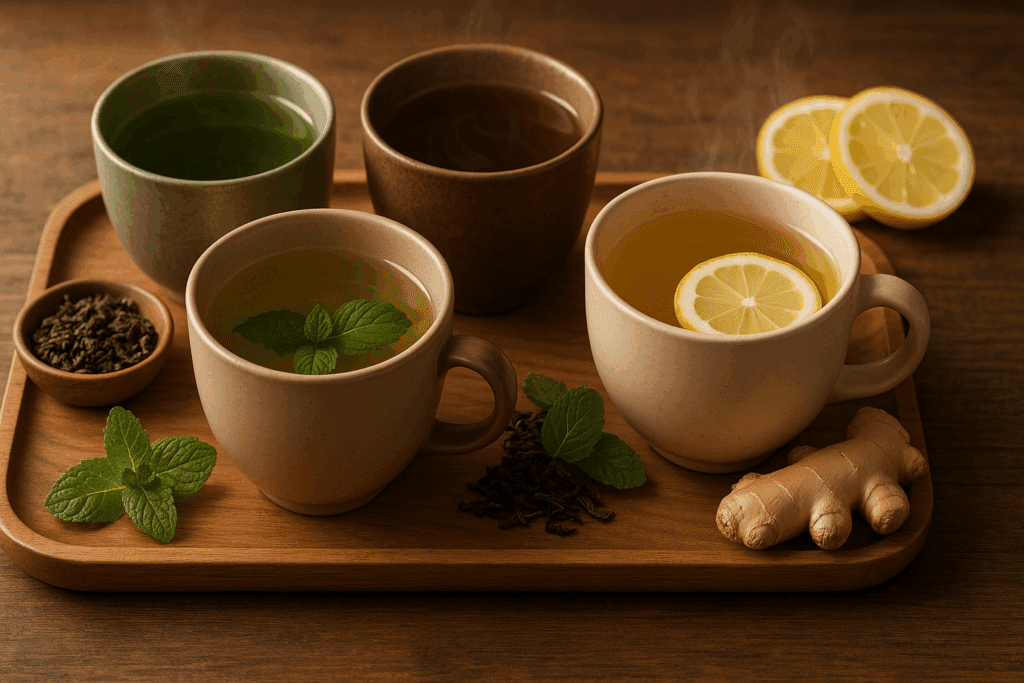 Steaming cups of green, oolong, peppermint, and ginger tea on a wooden tray with lemon, mint, and ginger root—natural ways to suppress appetite.