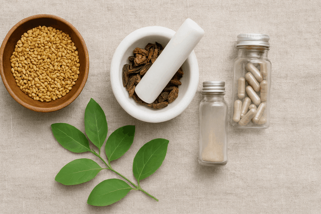 Botanical flat lay of fenugreek seeds, gymnema leaves, dried caralluma, and herbal capsules on linen, illustrating natural ways to suppress appetite