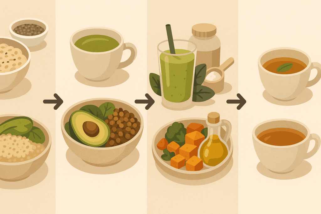 Infographic showing natural ways to suppress appetite with meals like oats and green tea for breakfast, lentils and avocado for lunch, a green smoothie, roasted vegetables with tofu for dinner, and gym neem tea at night