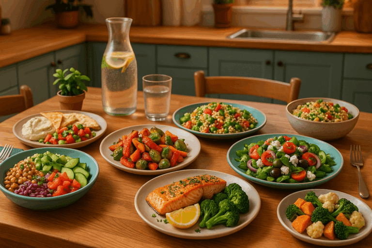 Colorful dinner table featuring grain bowls, salmon, roasted vegetables, and Mediterranean dishes, showcasing the healthiest dinner ideas in a cozy kitchen setting.