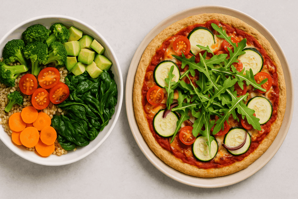 Flat-lay of two colorful plates showcasing the healthiest dinner ideas: a veggie grain bowl and a whole wheat arugula-topped pizza.