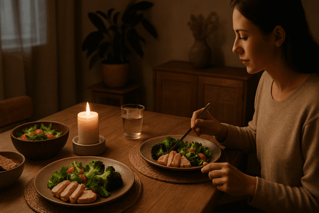 Woman enjoying one of the healthiest dinner ideas—grilled chicken with broccoli and salad in a cozy, candlelit dining space.
