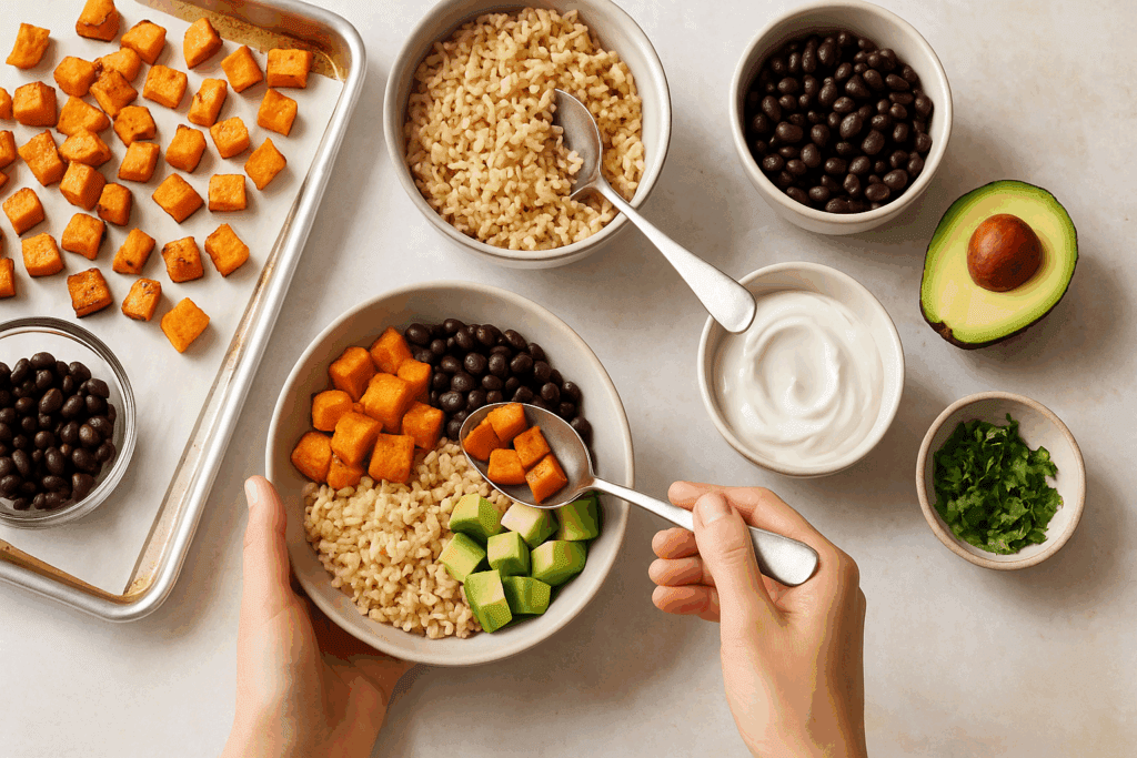 Step-by-step taco bowl prep with sweet potatoes, black beans, avocado, and Greek yogurt—one of the healthiest dinner ideas for busy weeknights.