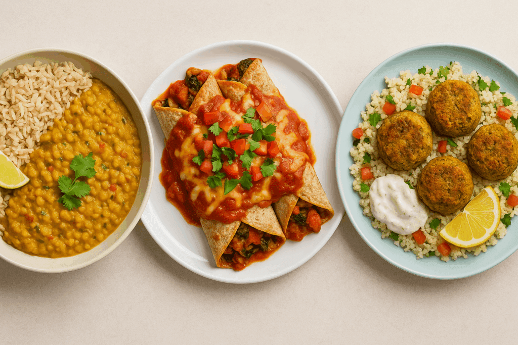 Plated montage of Indian dal with brown rice, Latin veggie enchiladas, and Mediterranean falafel with couscous representing healthiest dinner ideas from global cuisines.