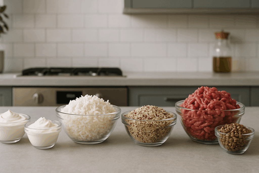 Side-by-side ingredient swaps for healthiest dinner ideas, including Greek yogurt, quinoa, and lentils in a modern kitchen setting