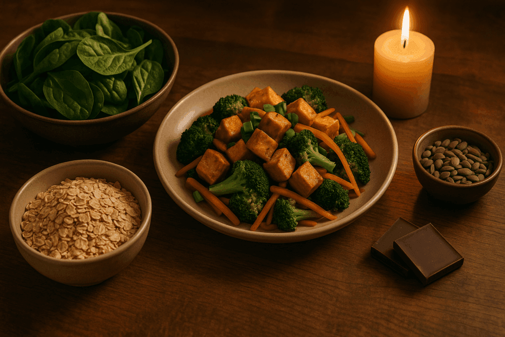 Tofu stir-fry with broccoli and carrots, leafy greens, oats, seeds, and dark chocolate by candlelight—one of the healthiest dinner ideas for mood and sleep support.