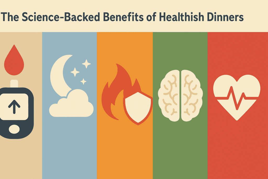 Infographic showing the physiological benefits of the healthiest dinner ideas, with icons for blood sugar stability, sleep, inflammation, brain health, and heart function
