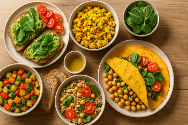 Colorful spread of healthy savory breakfast ideas with avocado toast, chickpea omelet, tofu scramble, quinoa bowl, and vegetable hash on a wooden table in natural light