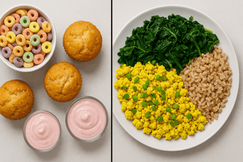 Split-panel comparison of sugary cereal, muffins, and fruit yogurt versus healthy savory breakfast ideas like tofu scramble, sautéed greens, and whole grains.