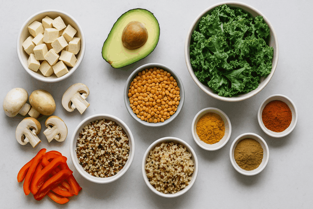 Top-down view of colorful ingredients for healthy savory breakfast ideas, including tofu, quinoa, lentils, avocado, kale, mushrooms, bell peppers, and spices.