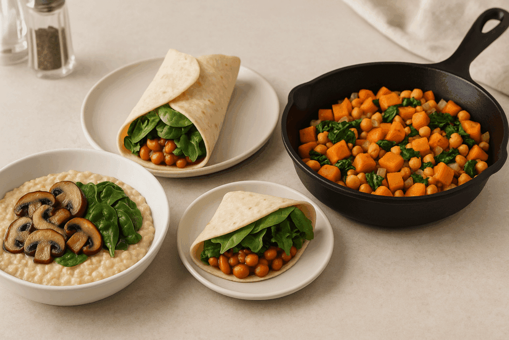 Three healthy savory breakfast ideas on a kitchen counter: a mushroom and spinach oats bowl, a chickpea veggie wrap, and a sweet potato hash in a skillet.