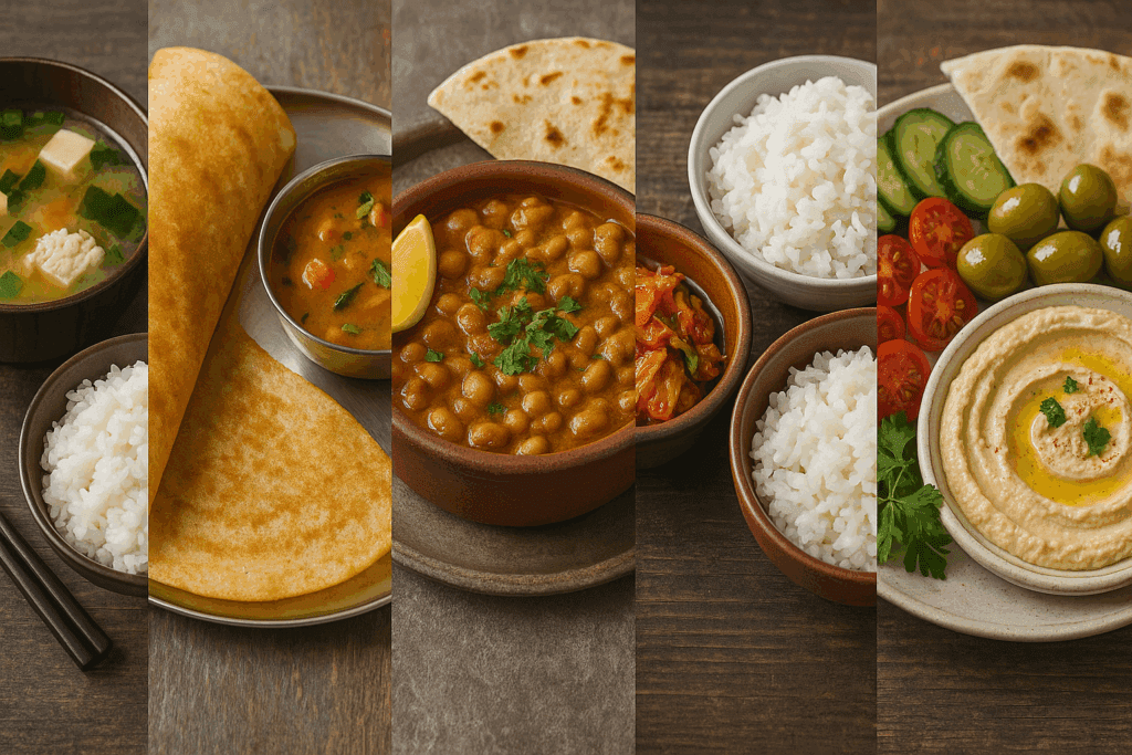 Traditional healthy savory breakfast ideas from around the world, including miso soup, dosa with sambar, ful medames, kimchi with rice, and Mediterranean mezze.
