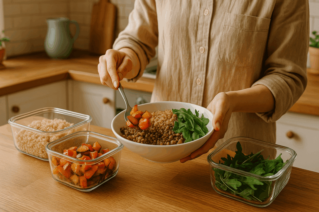 Person preparing a bowl with quinoa, lentils, roasted vegetables, and greens in a cozy kitchen as part of healthy savory breakfast ideas