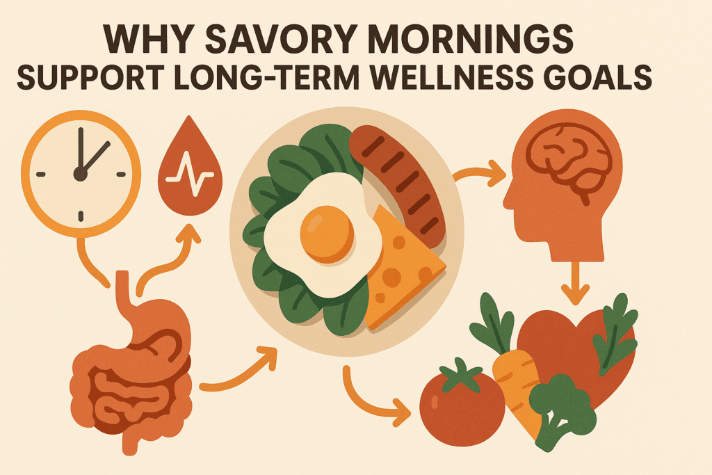 Illustrated infographic showing healthy savory breakfast ideas linked to wellness benefits like heart, brain, digestion, and stable blood sugar.