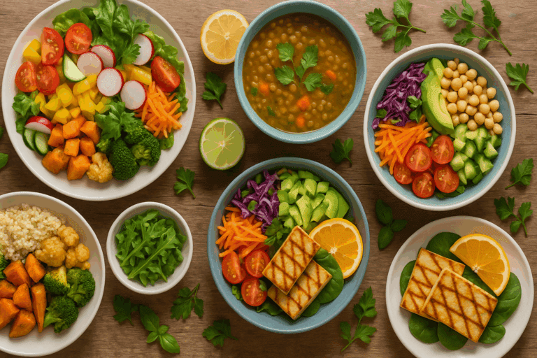 Fresh flat lay of light meals with quinoa bowls, vegetable salads, grilled tofu, and lentil soup on a rustic table