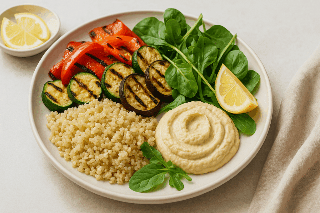 Colorful plate of light meals with grilled vegetables, quinoa, hummus, and leafy greens with lemon wedges.