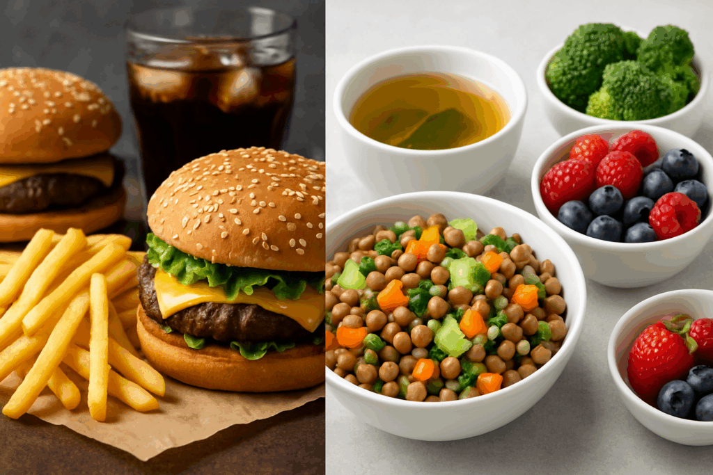 Split image contrasting greasy fast food with nutritious light meals like lentil salad, berries, and green tea