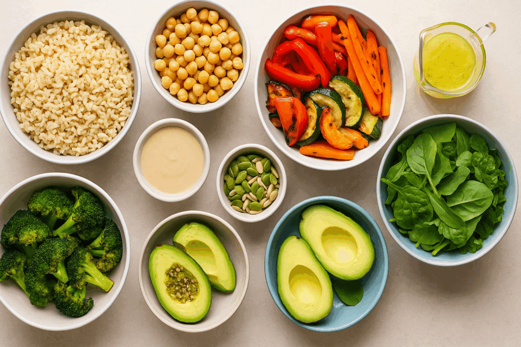 Top-down view of a DIY grain bowl station with grilled vegetables, greens, legumes, and sauces for creating light meals.