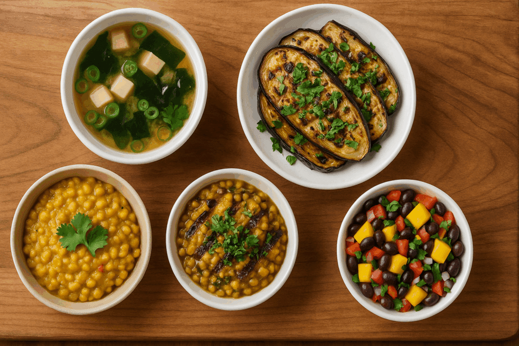 Multicultural spread of light meals including miso soup, grilled eggplant, Indian dal, and bean salad with fruit salsa on a wooden board.