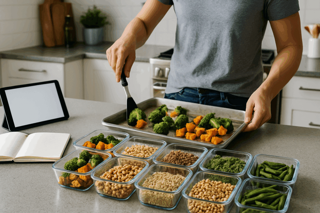 Person batch-preparing light meals in a modern kitchen with glass containers of roasted vegetables, legumes, and grains.