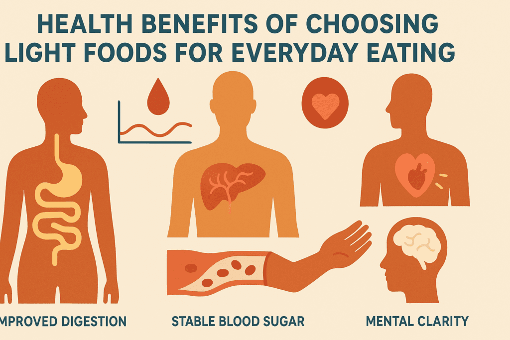 Stylized infographic showing how light meals support digestion, stable blood sugar, heart health, reduced inflammation, and mental clarity