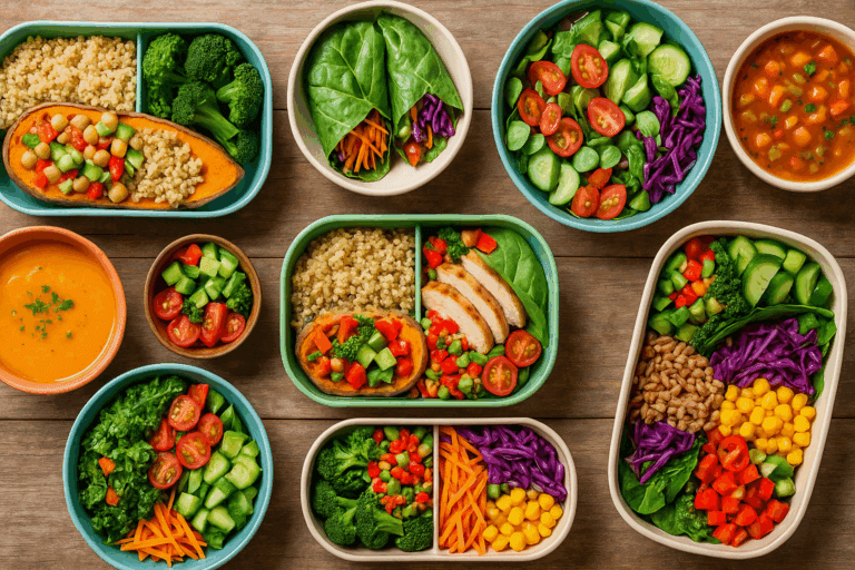 Colorful flat lay of non bread lunch ideas in bento boxes and bowls with grain bowls, leafy wraps, salads, and soups on a rustic wood table.